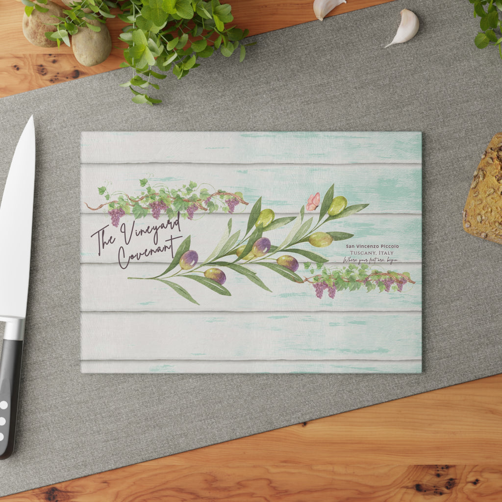 The Vineyard Covenant Glass Cutting Board — Faith-Inspired Kitchen Decor