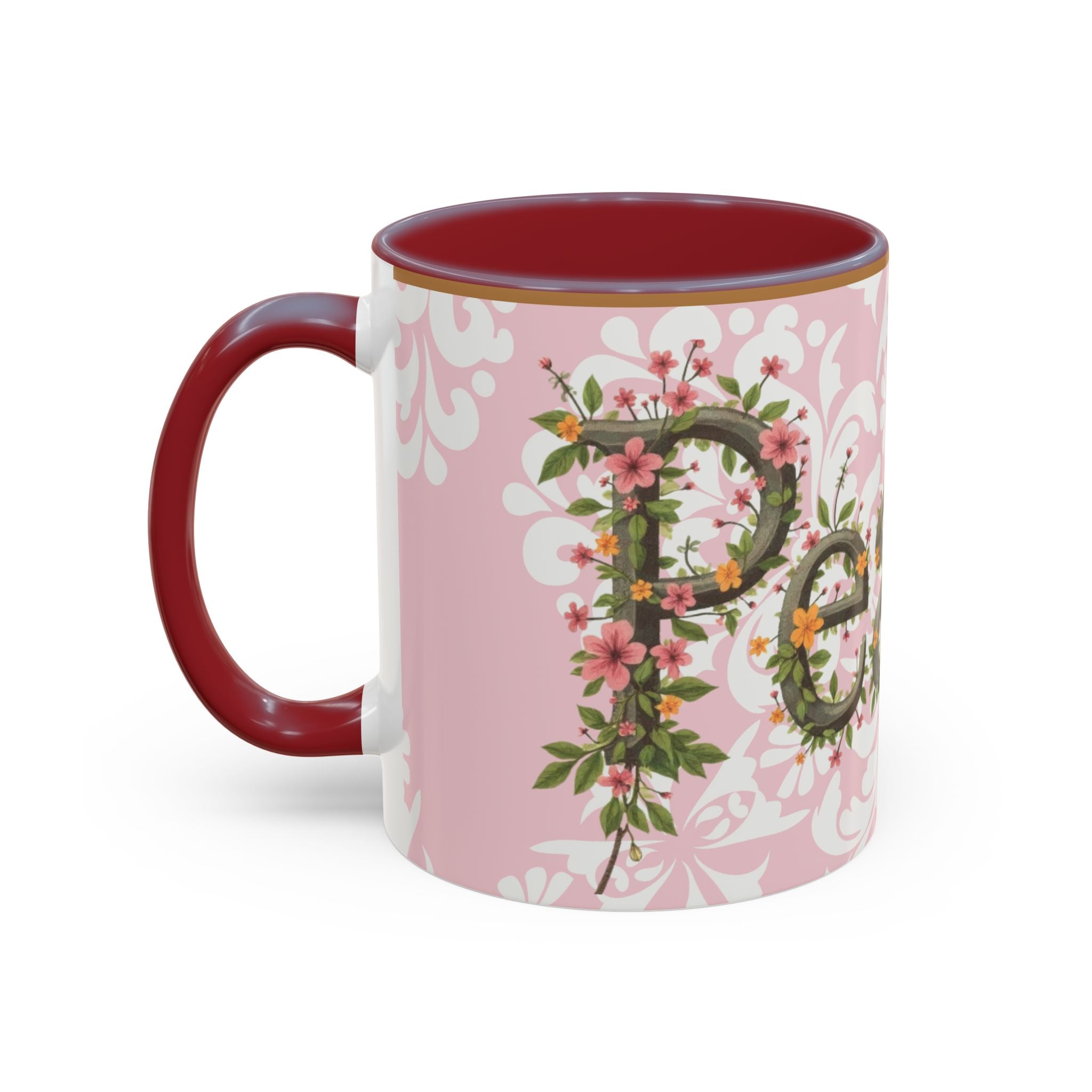 Peace and Love Coffee Mug — John 14:27 Pink Damask & Olive Floral Accent(11, 15oz)