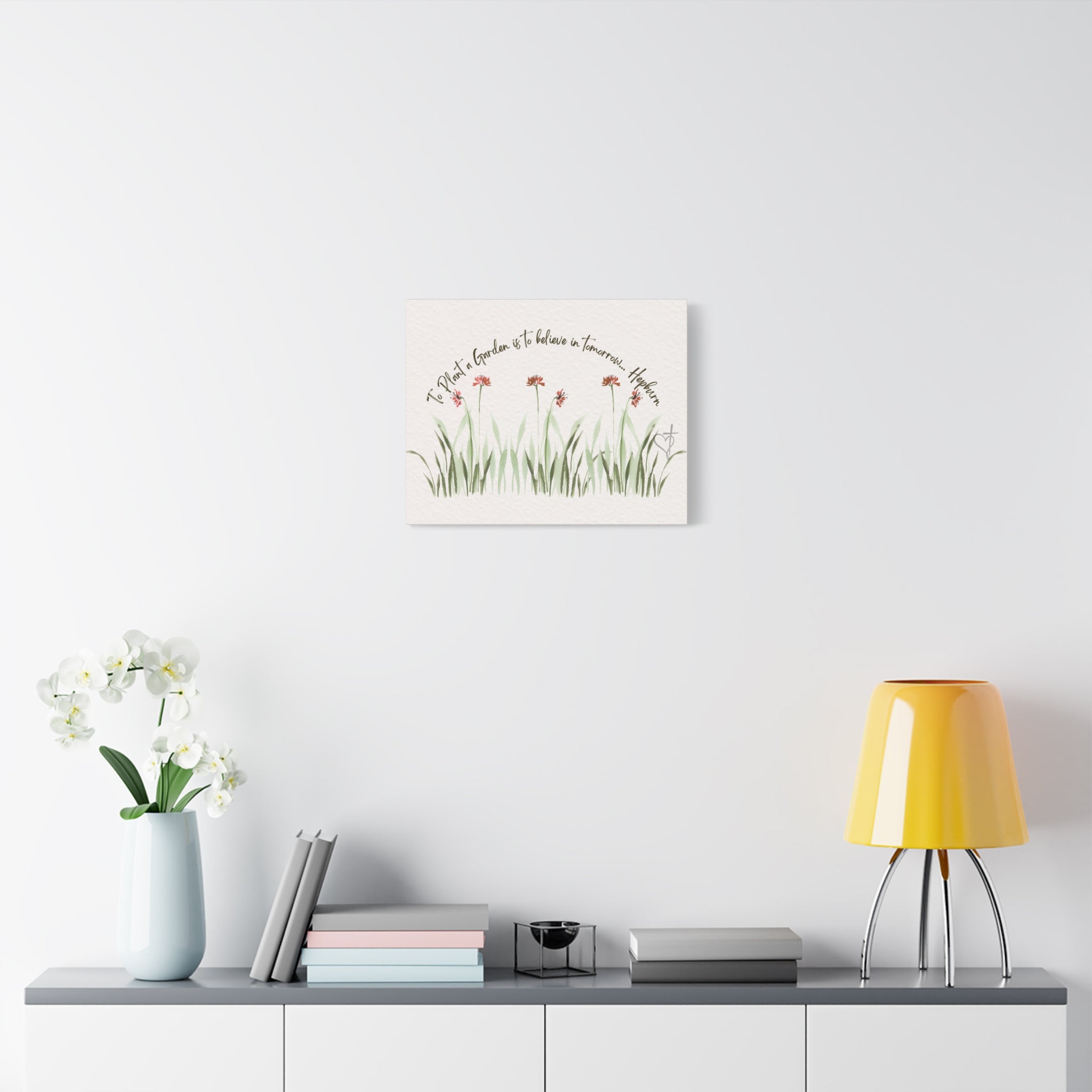 To Plant a Garden Is to Believe in Tomorrow Canvas Print – Audrey Hepburn Quote (Beige) Matte Stretched Wall Art