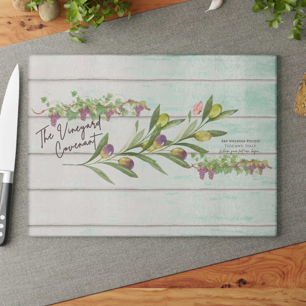 The Vineyard Covenant Glass Cutting Board — Faith-Inspired Kitchen Decor