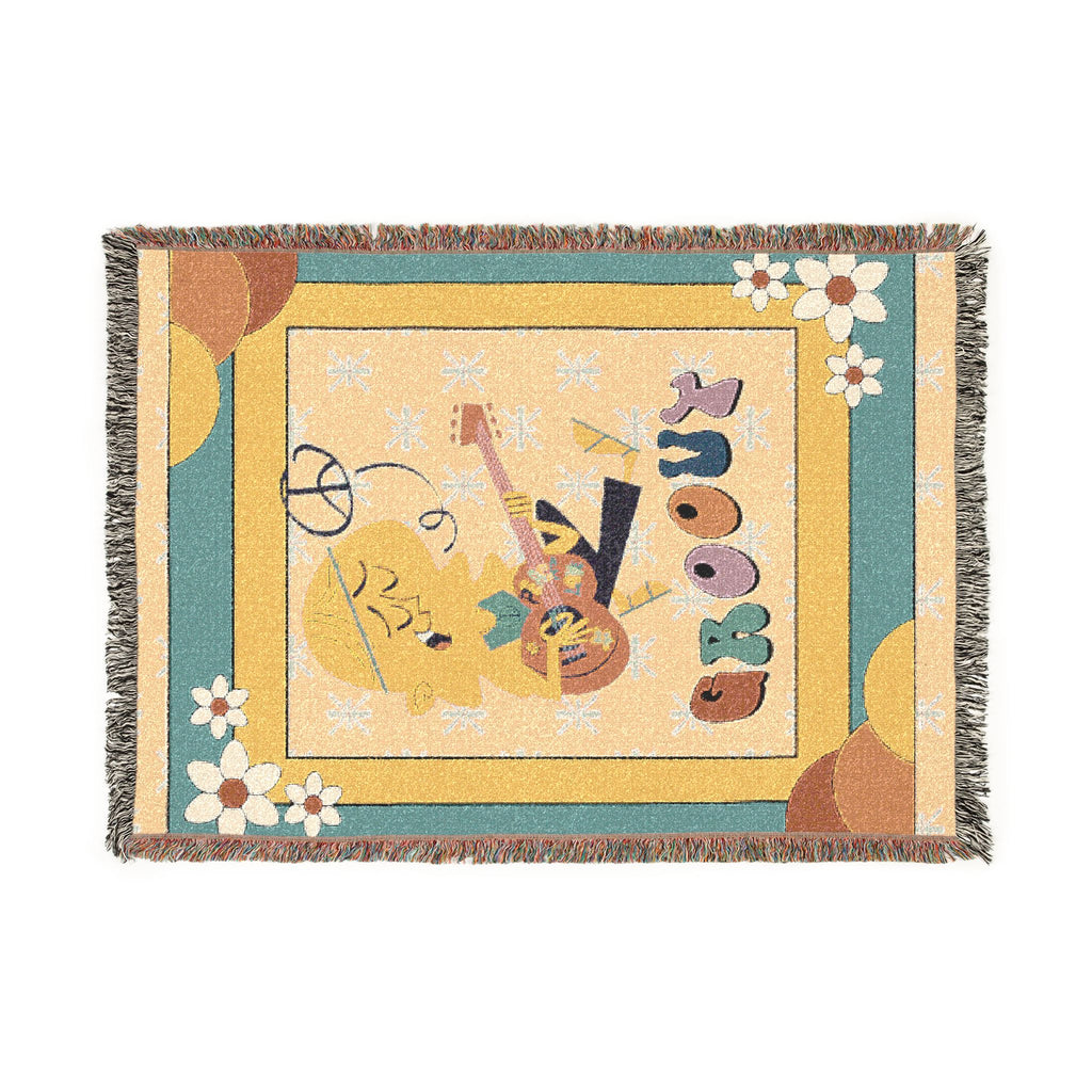 Groovy 70s Hippie Guitar Throw Blanket — Retro Teal & Mustard Woven Blanket