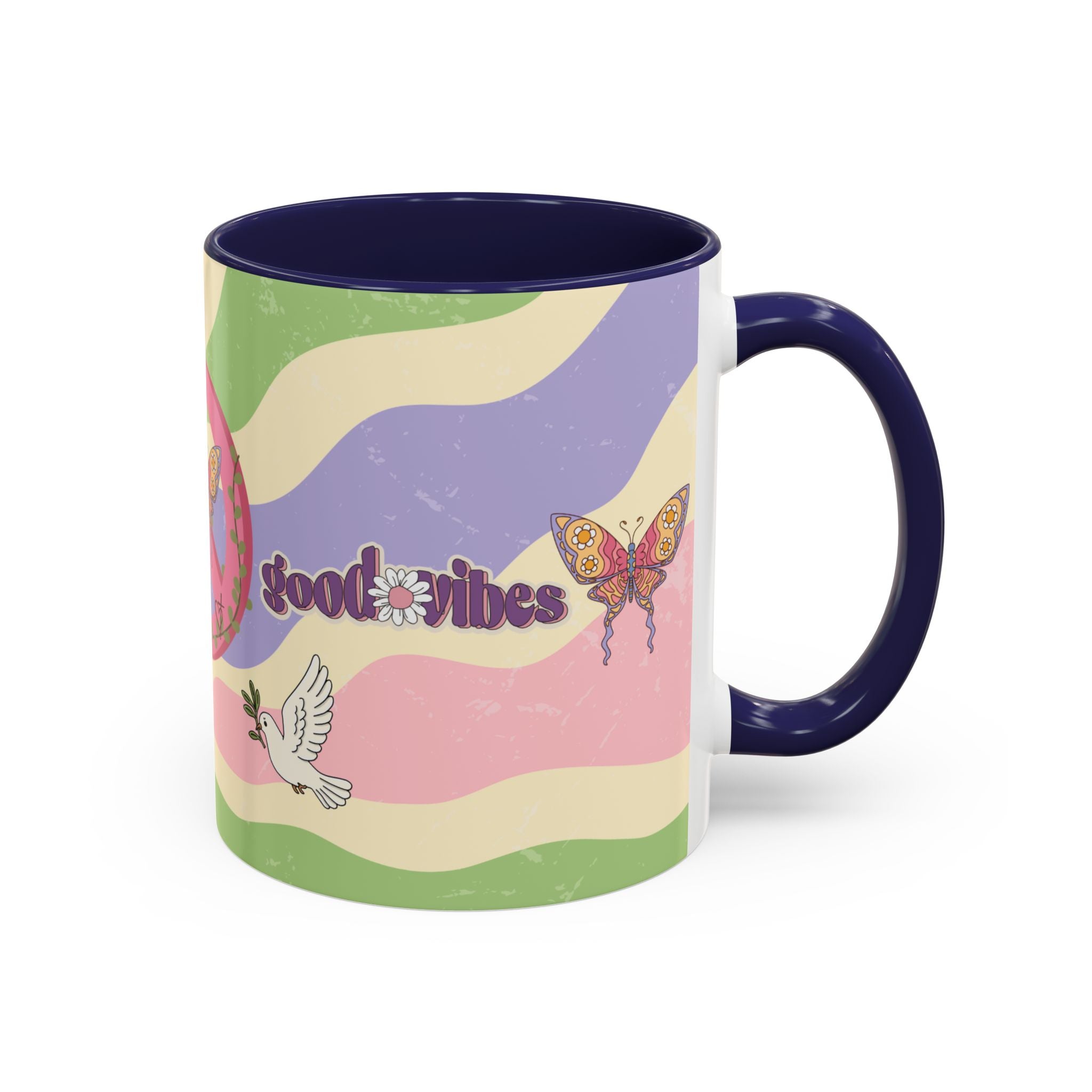 Peace & Love Good Vibes Ceramic Mug — Boho Butterfly & Dove Design (11, 15oz)