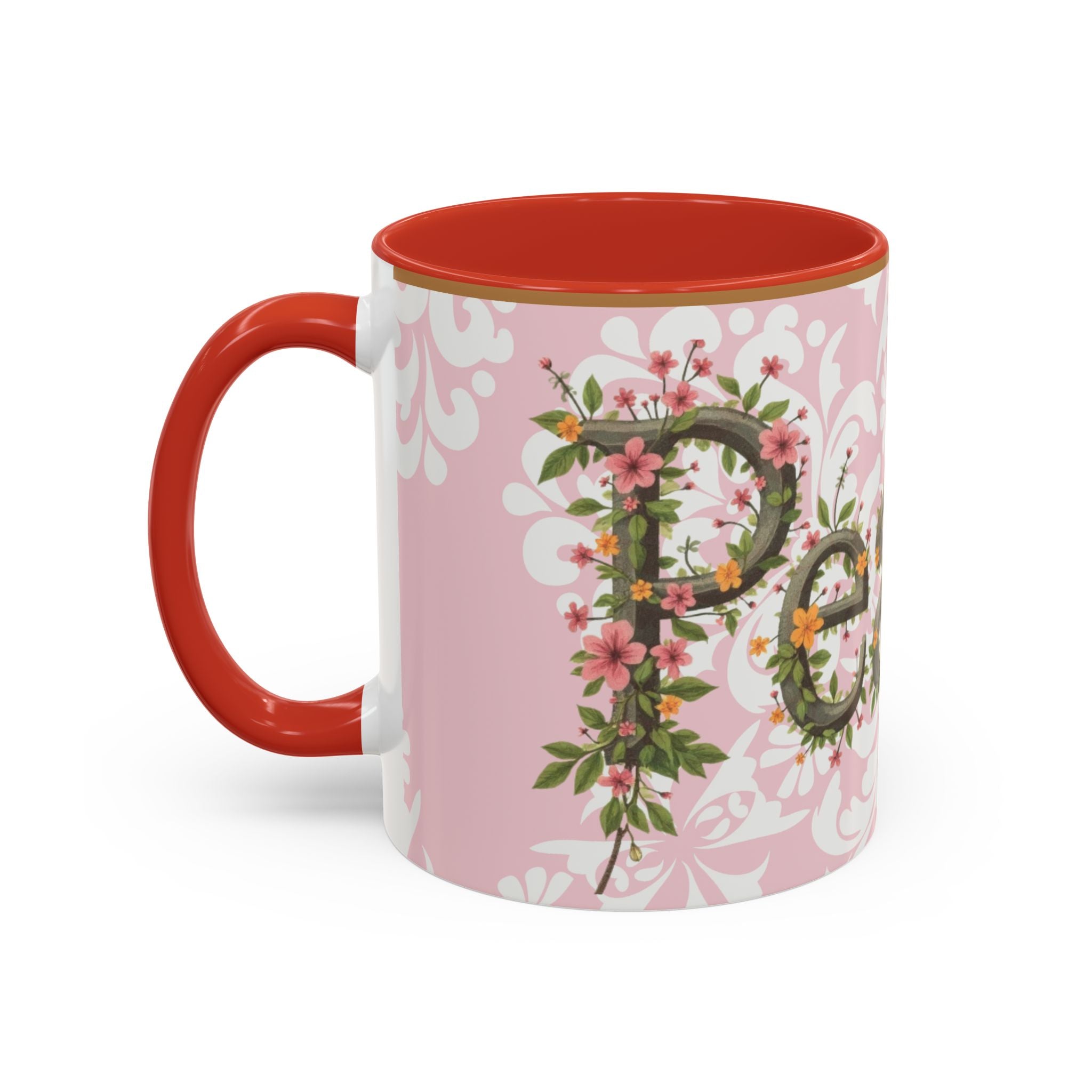 Peace and Love Coffee Mug — John 14:27 Pink Damask & Olive Floral Accent(11, 15oz)