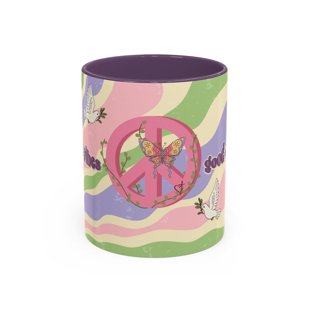 Peace & Love Good Vibes Ceramic Mug — Boho Butterfly & Dove Design (11, 15oz)