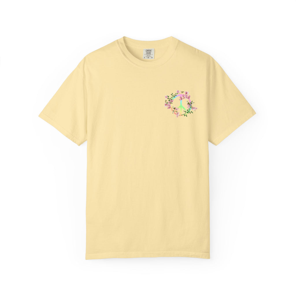 Signature Peace & Love Floral T-Shirt — Pastel Peace Sign Graphic