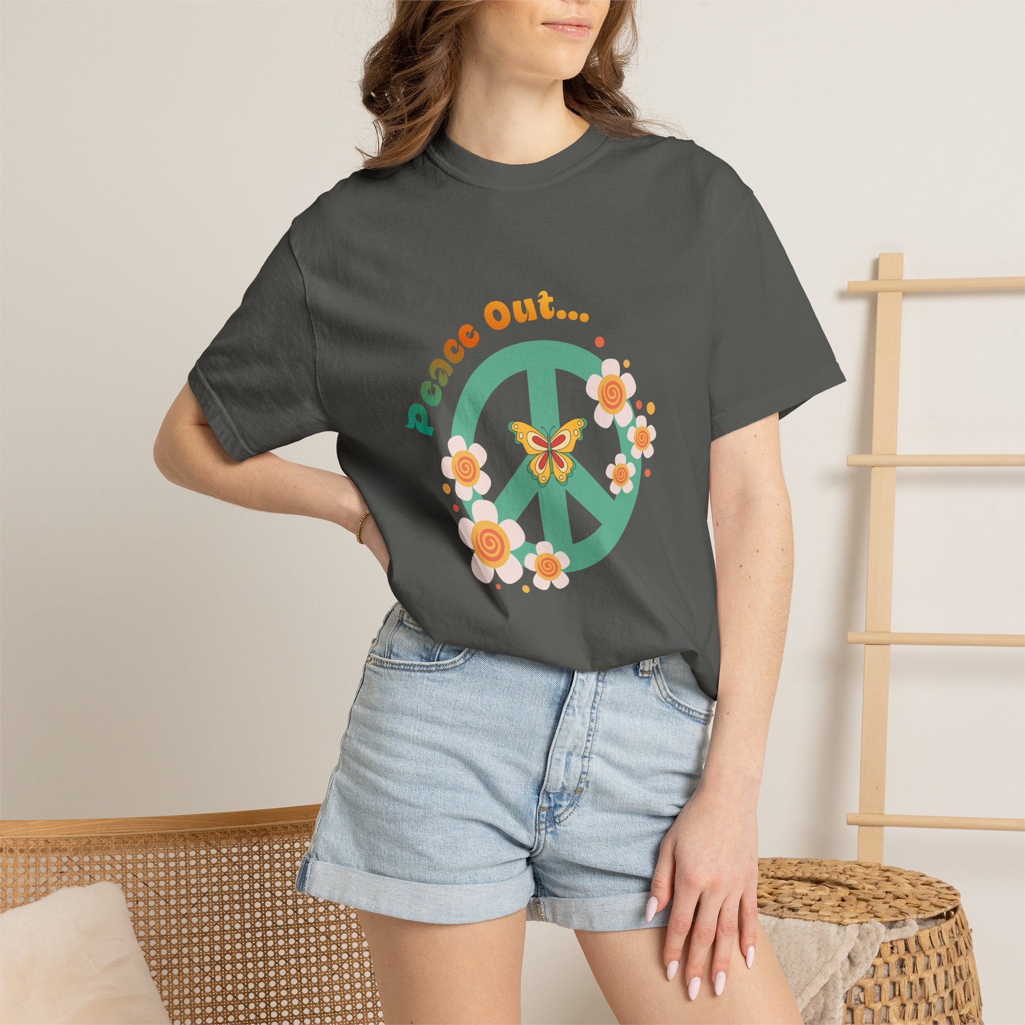 Peace and Love Retro Floral Peace Sign Tee with ‘Peace Out…’ for Her