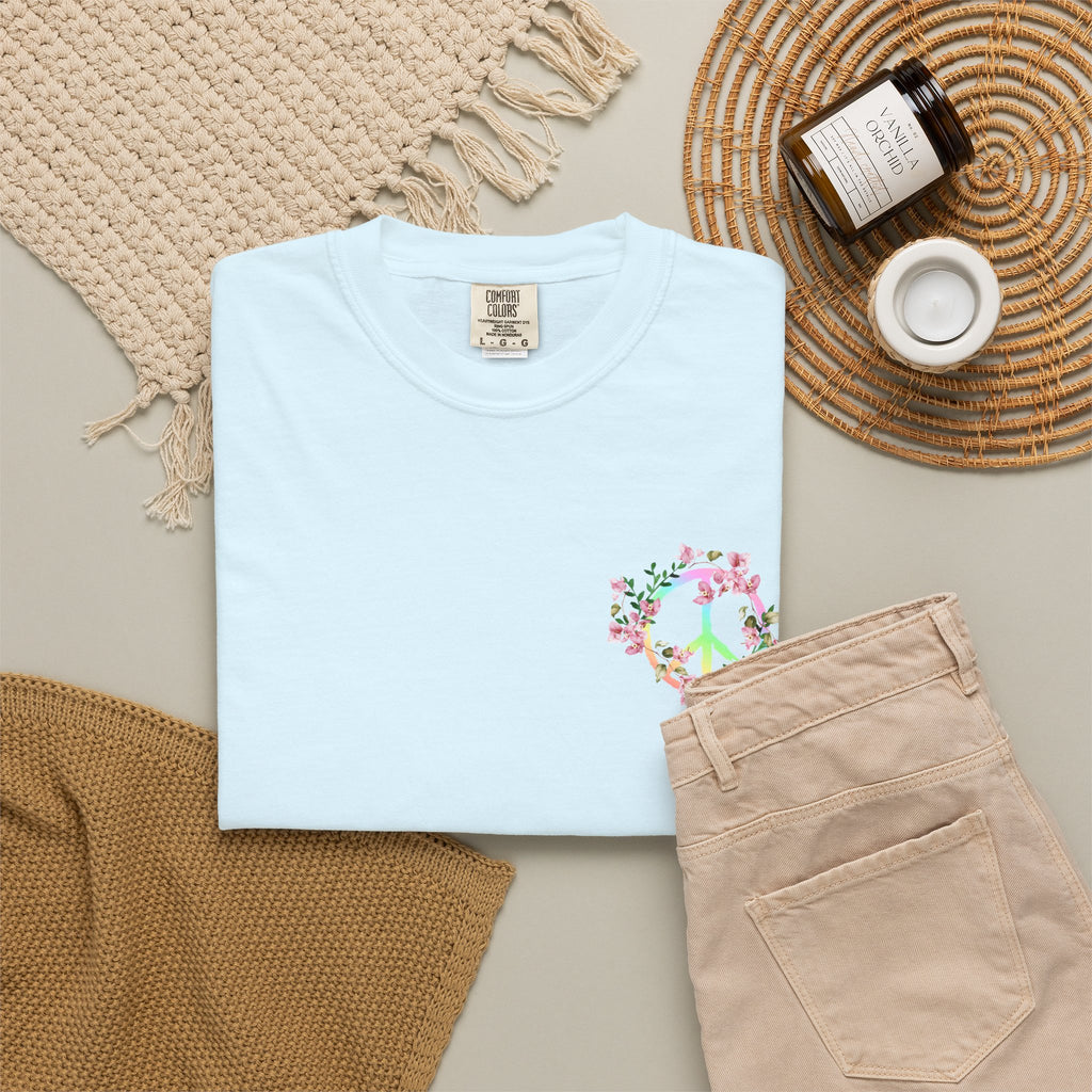 Signature Peace & Love Floral T-Shirt — Pastel Peace Sign Graphic