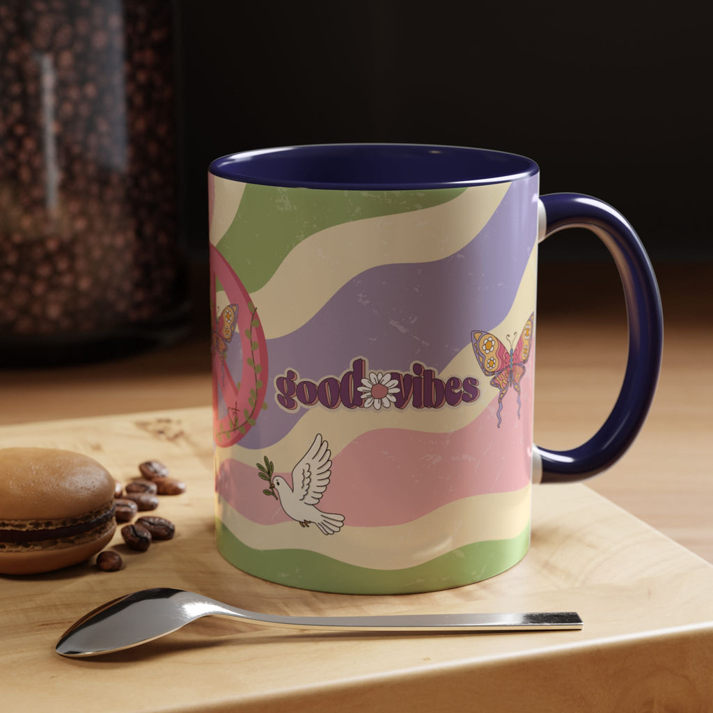 Peace & Love Good Vibes Ceramic Mug — Boho Butterfly & Dove Design (11, 15oz)