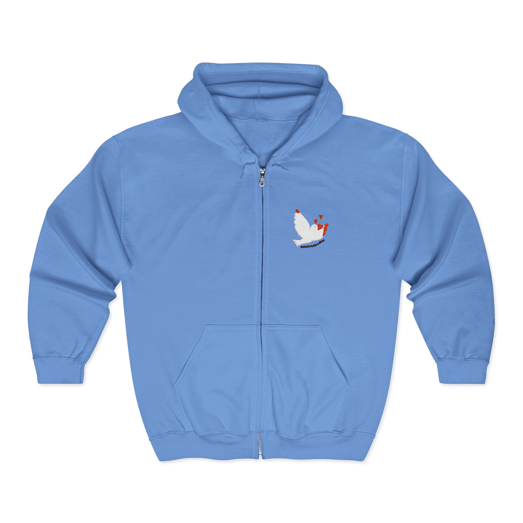 Adult Female Embroidered Zippered Hoodie:  Peace and Love