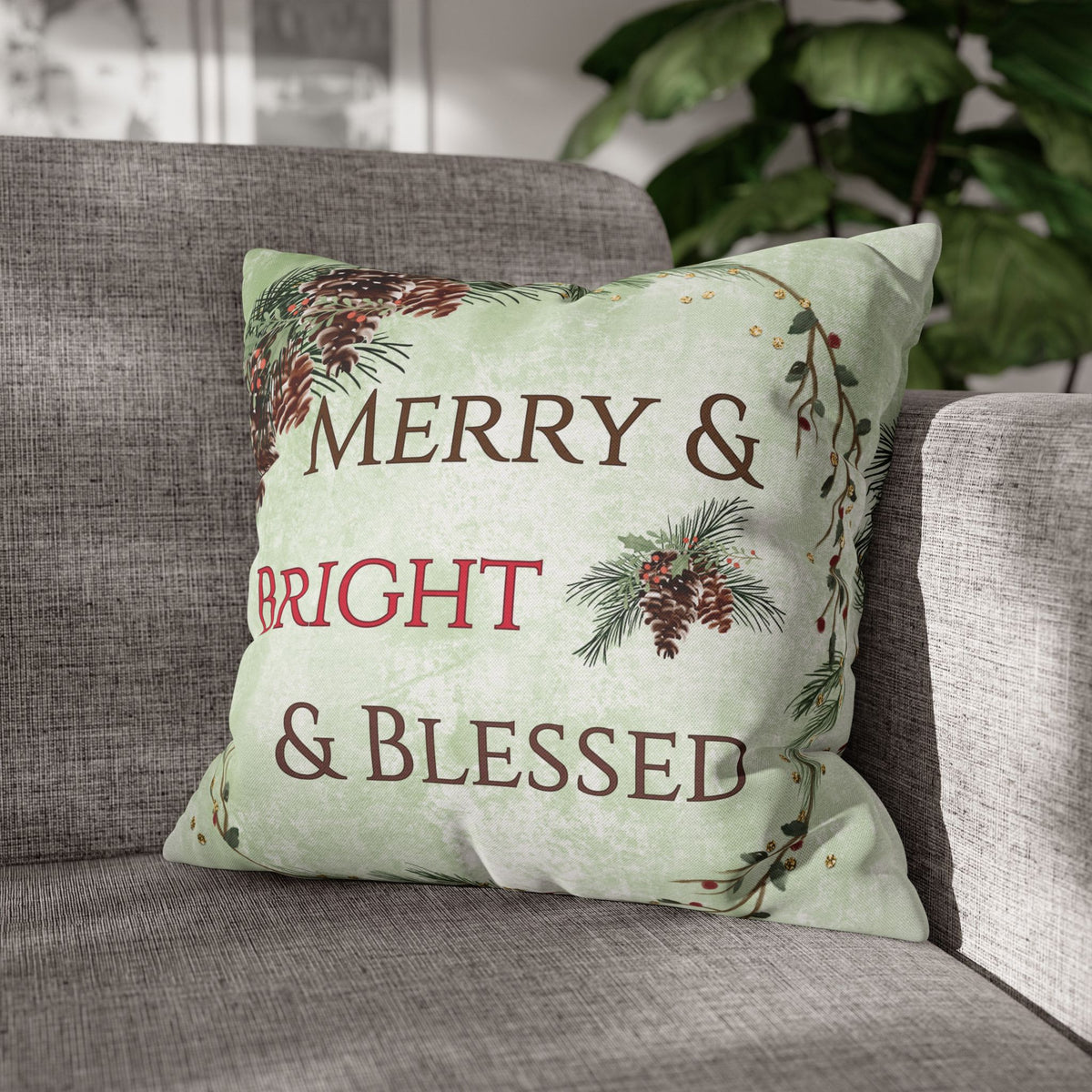 Merry & Bright & Blessed | Christmas Throw Pillow Cover