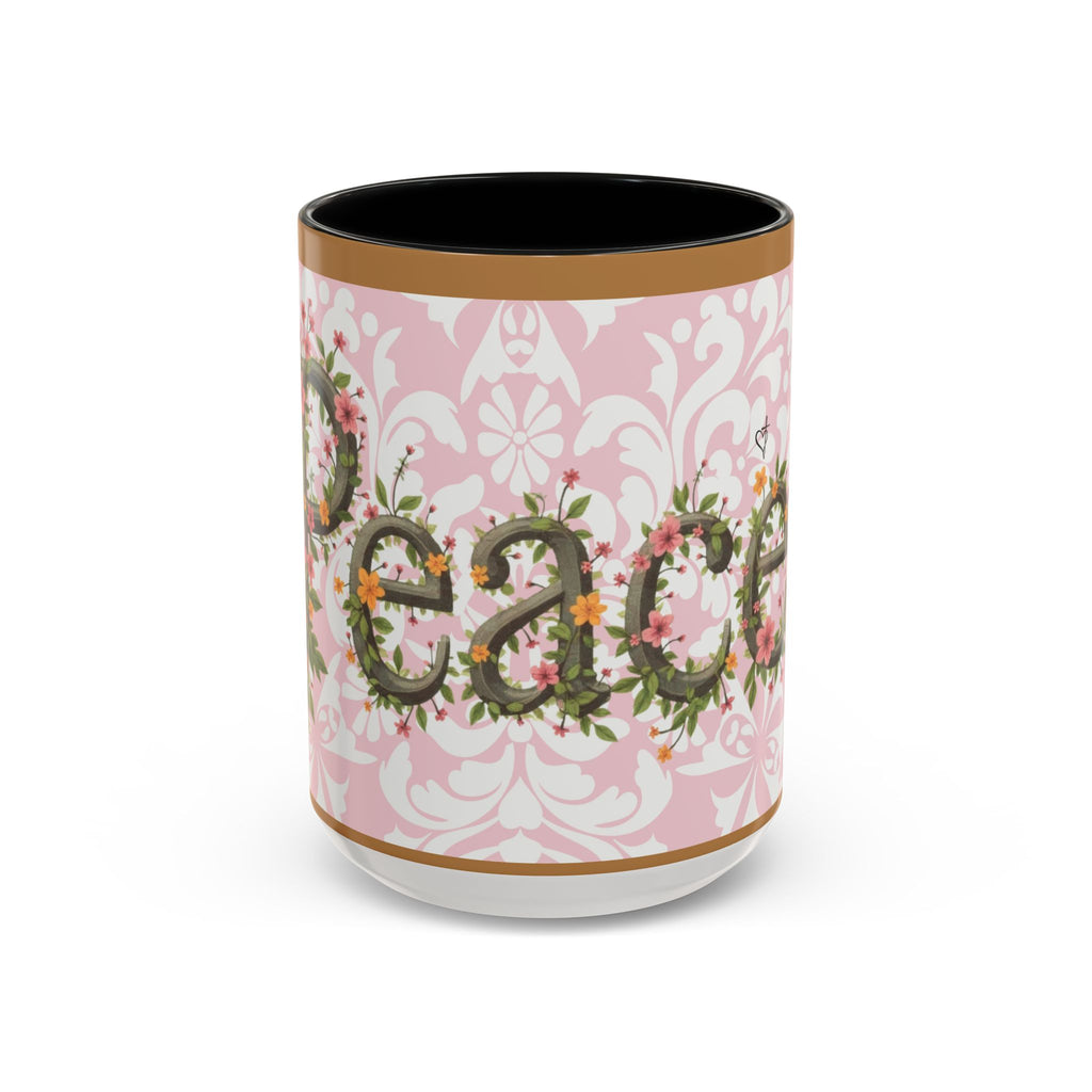 Peace and Love Coffee Mug — John 14:27 Pink Damask & Olive Floral Accent(11, 15oz)