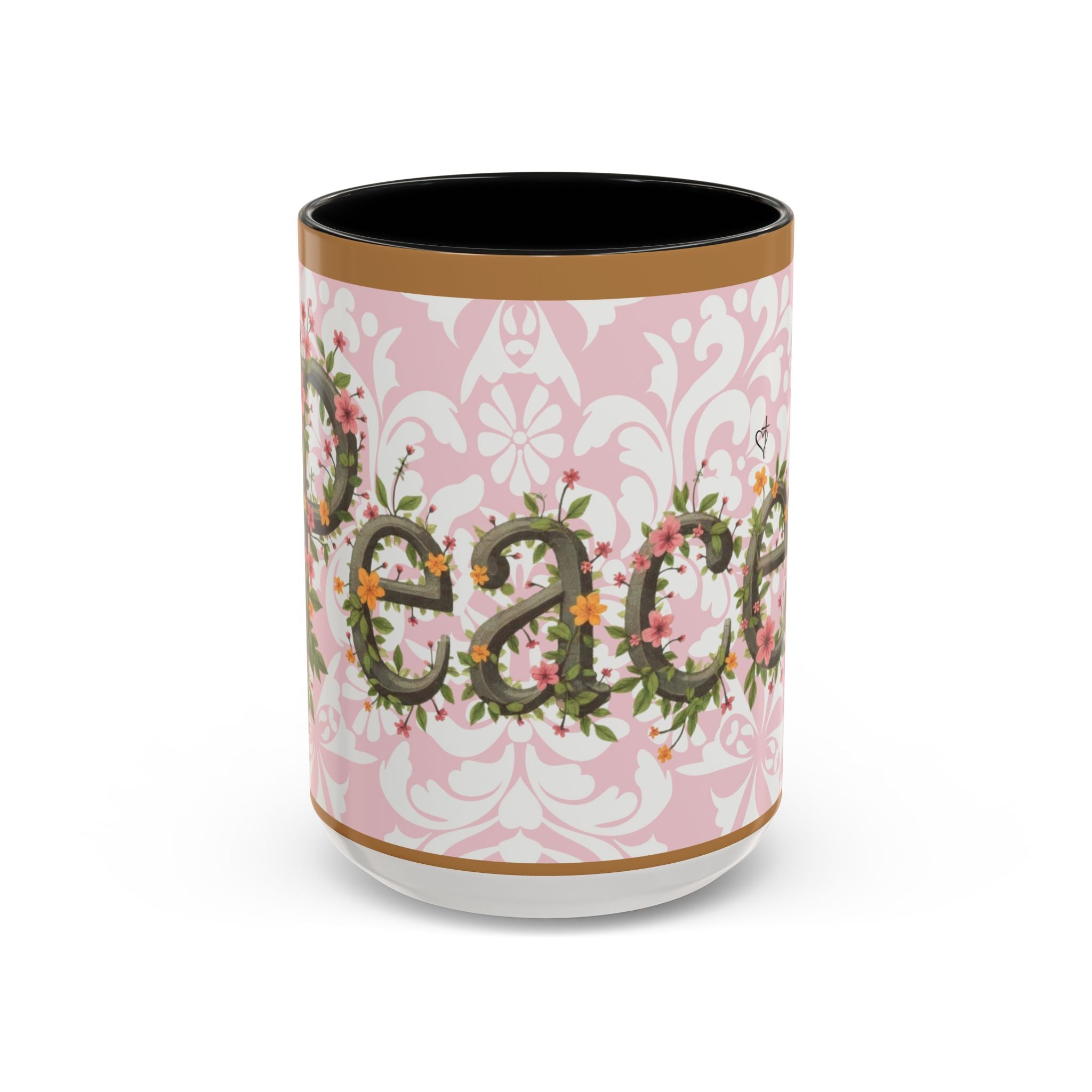 Peace and Love Coffee Mug — John 14:27 Pink Damask & Olive Floral Accent(11, 15oz)