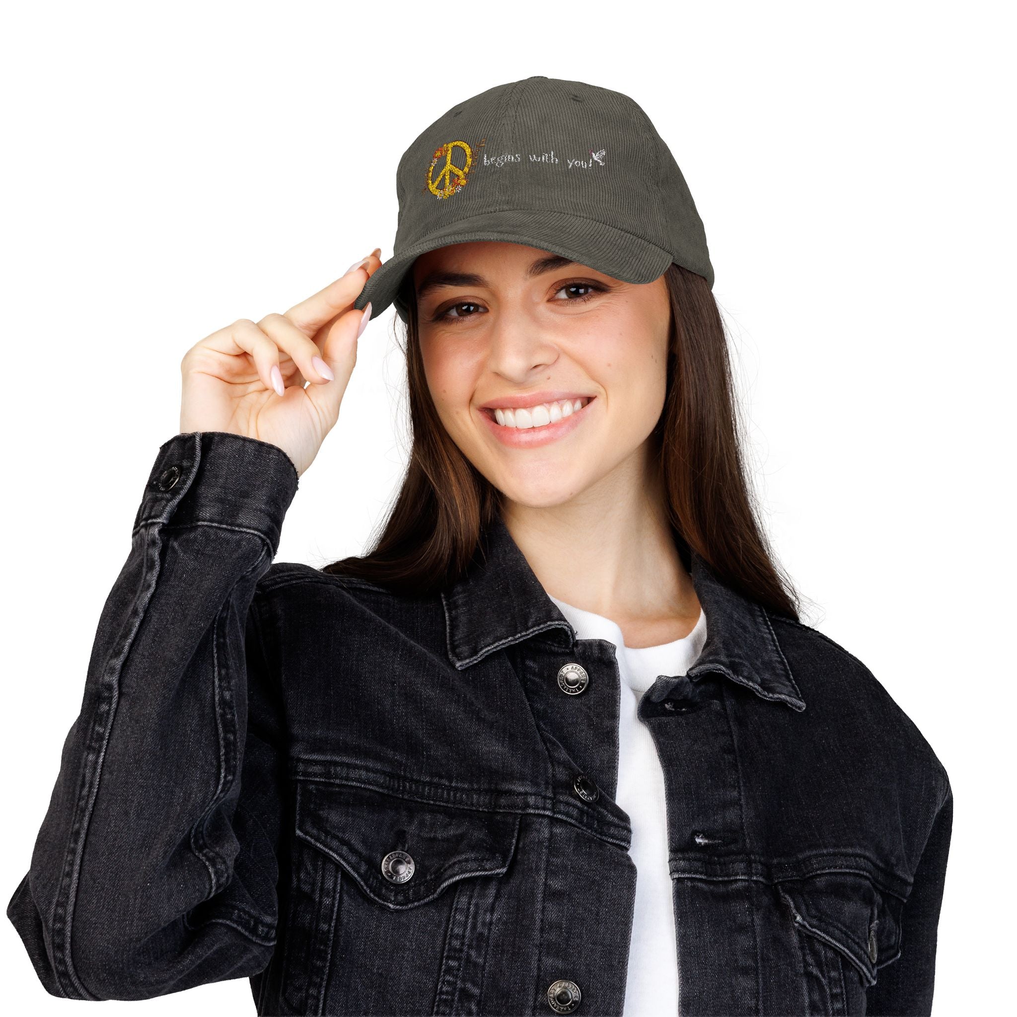 Adult Unisex Retro Corduroy Cap: Embroidered Peace I Give You