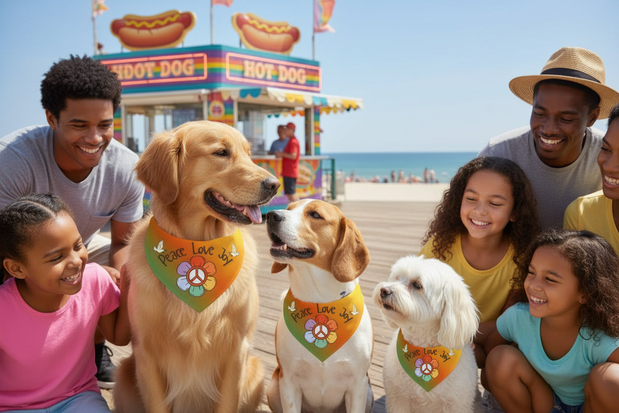 Peace Love Joy Clip-On Pet Bandana — Tie-Dye Flower & Peace Sign Collar Accessory
