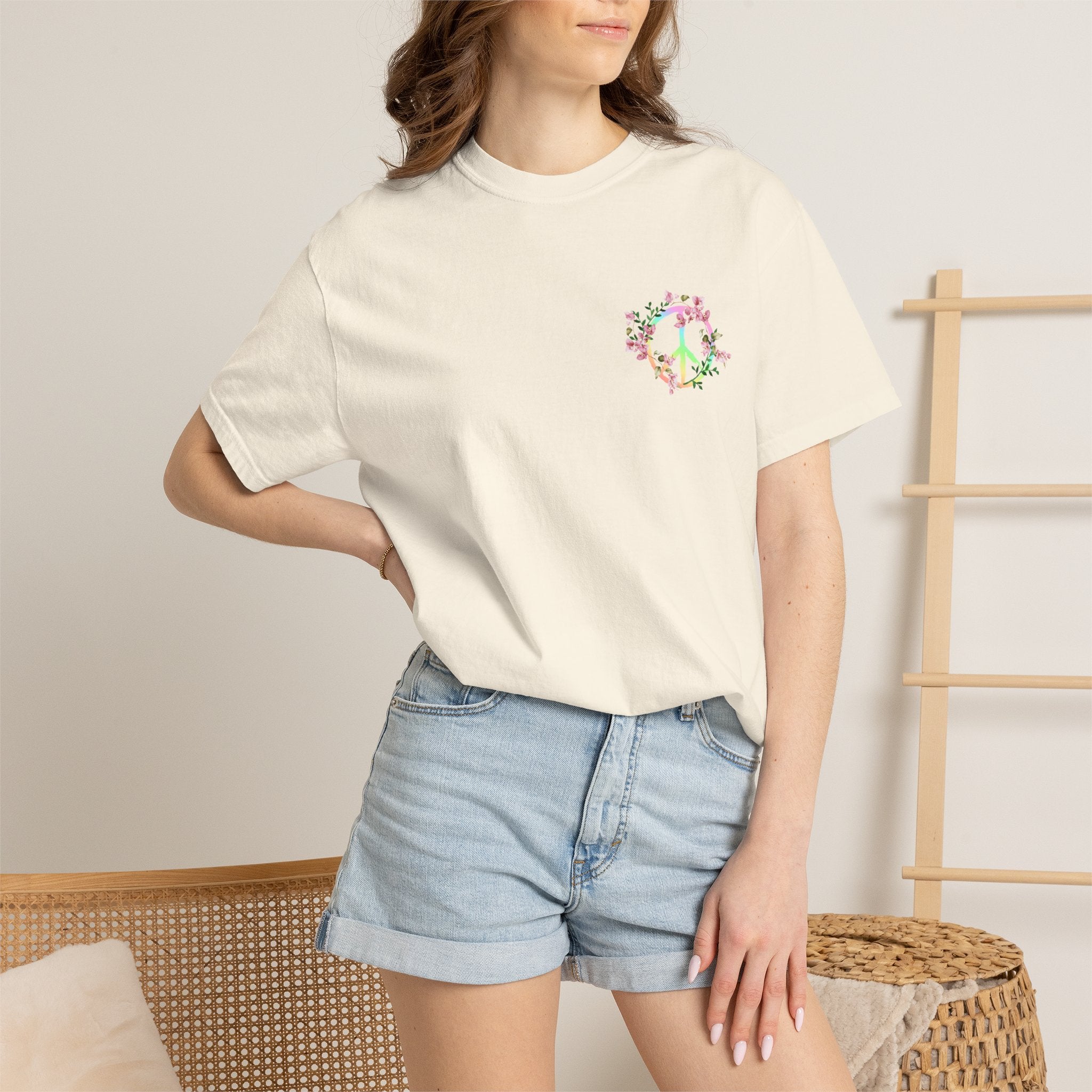 Signature Peace & Love Floral T-Shirt — Pastel Peace Sign Graphic