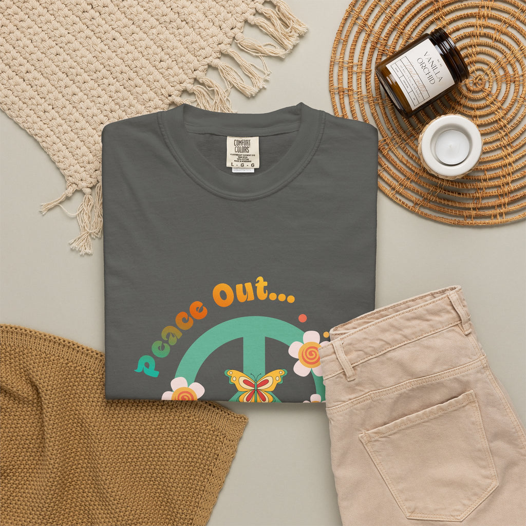 Peace Out T‑Shirt — Retro Floral Peace Sign Tee with ‘Peace Out…’ Text