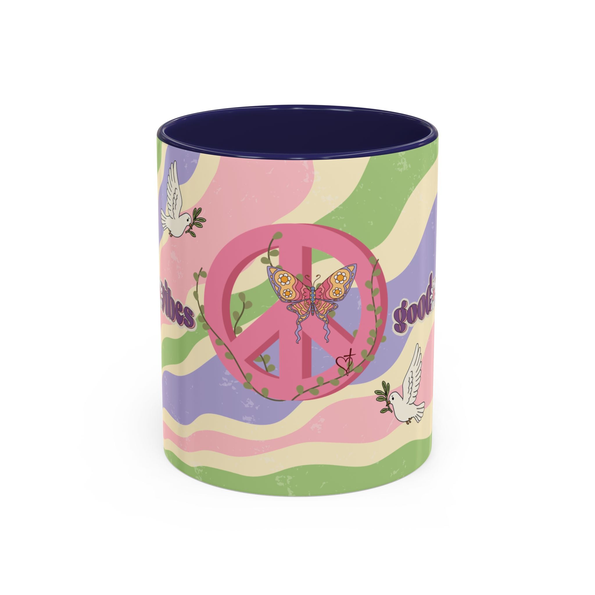 Peace & Love Good Vibes Ceramic Mug — Boho Butterfly & Dove Design (11, 15oz)