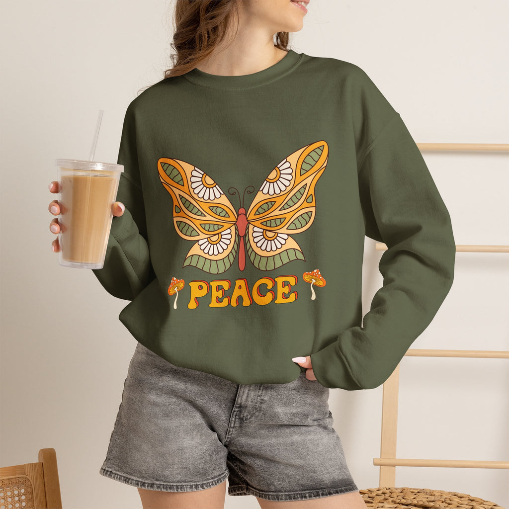 Peace Butterfly Crewneck Sweatshirt — Retro Floral Graphic Pullover