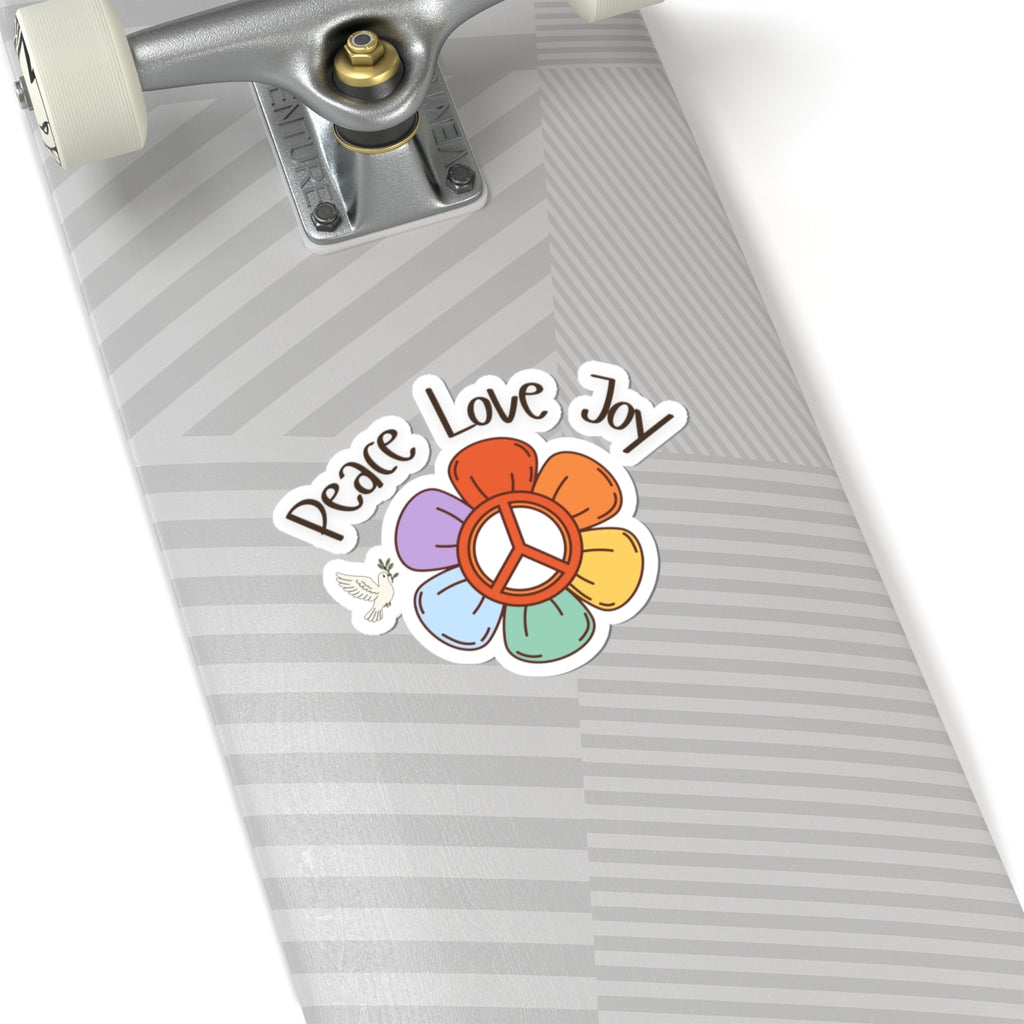 Peace Love Joy Kiss-Cut Sticker — Retro Flower Peace Sign Sticker for Laptops, Water Bottles & Journals