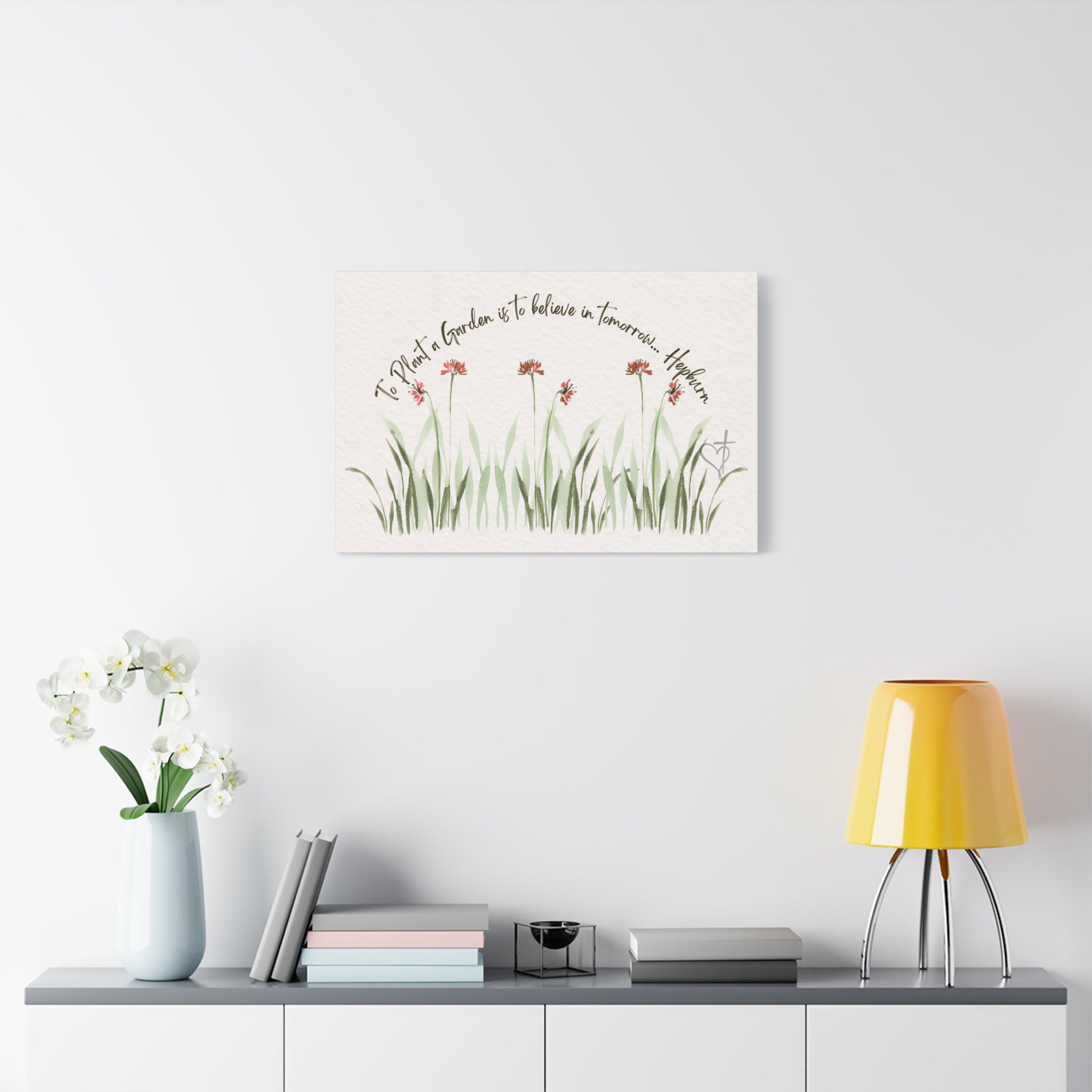 To Plant a Garden Is to Believe in Tomorrow Canvas Print – Audrey Hepburn Quote (Beige) Matte Stretched Wall Art