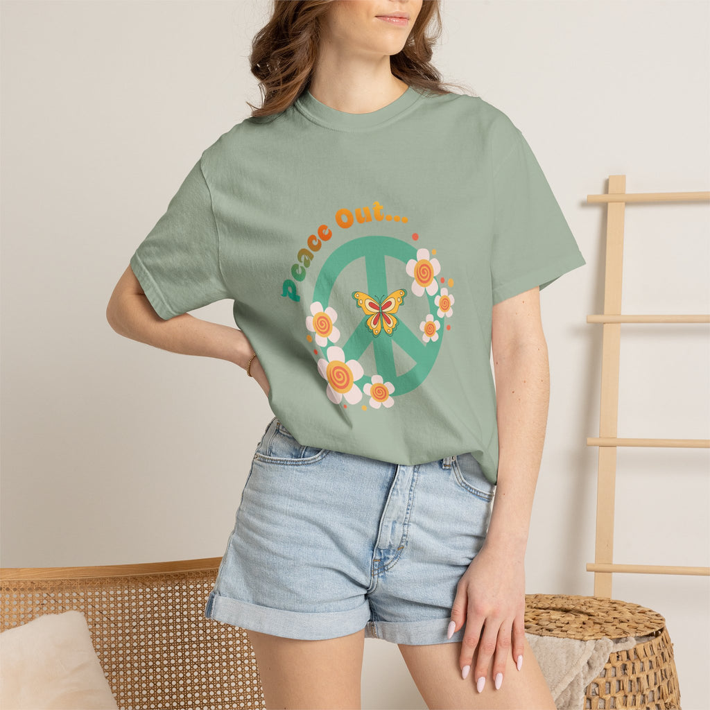 Peace Out T‑Shirt — Retro Floral Peace Sign Tee with ‘Peace Out…’ Text