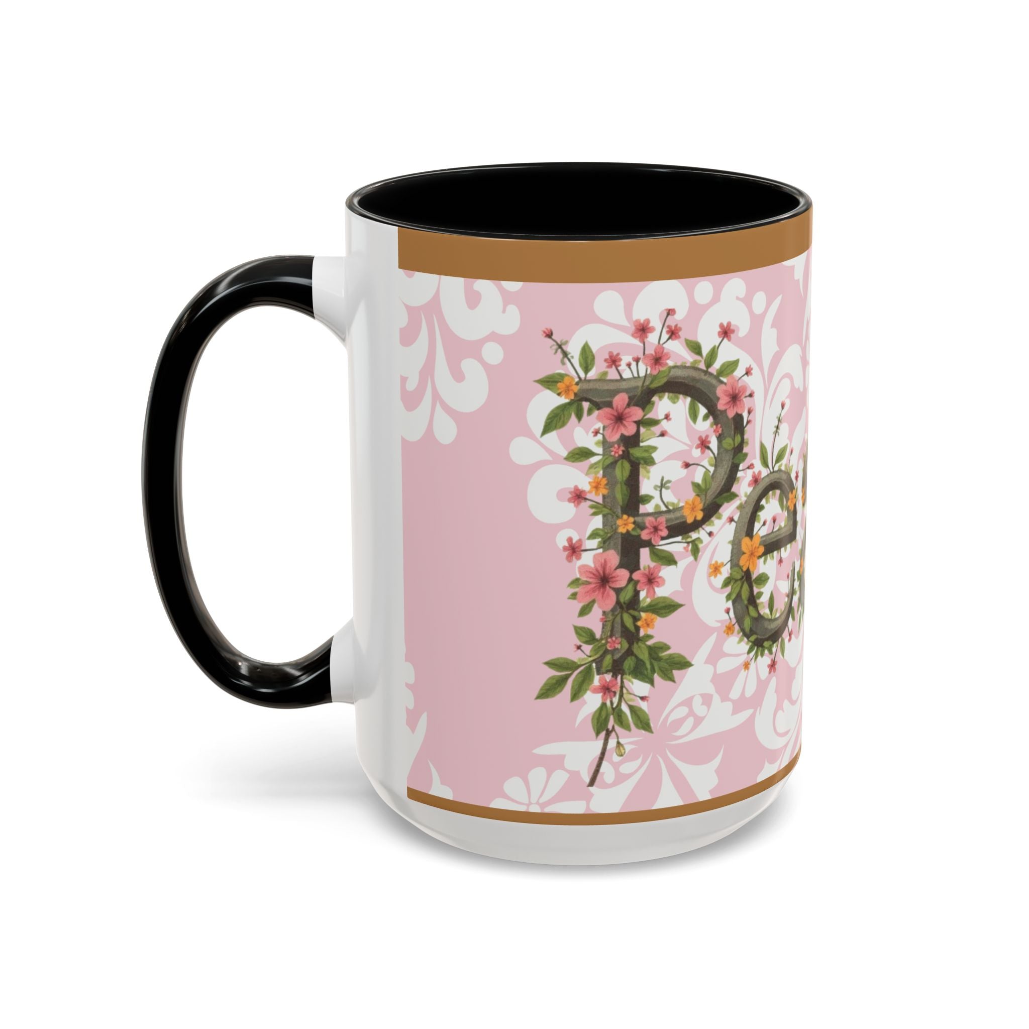 Peace and Love Coffee Mug — John 14:27 Pink Damask & Olive Floral Accent(11, 15oz)