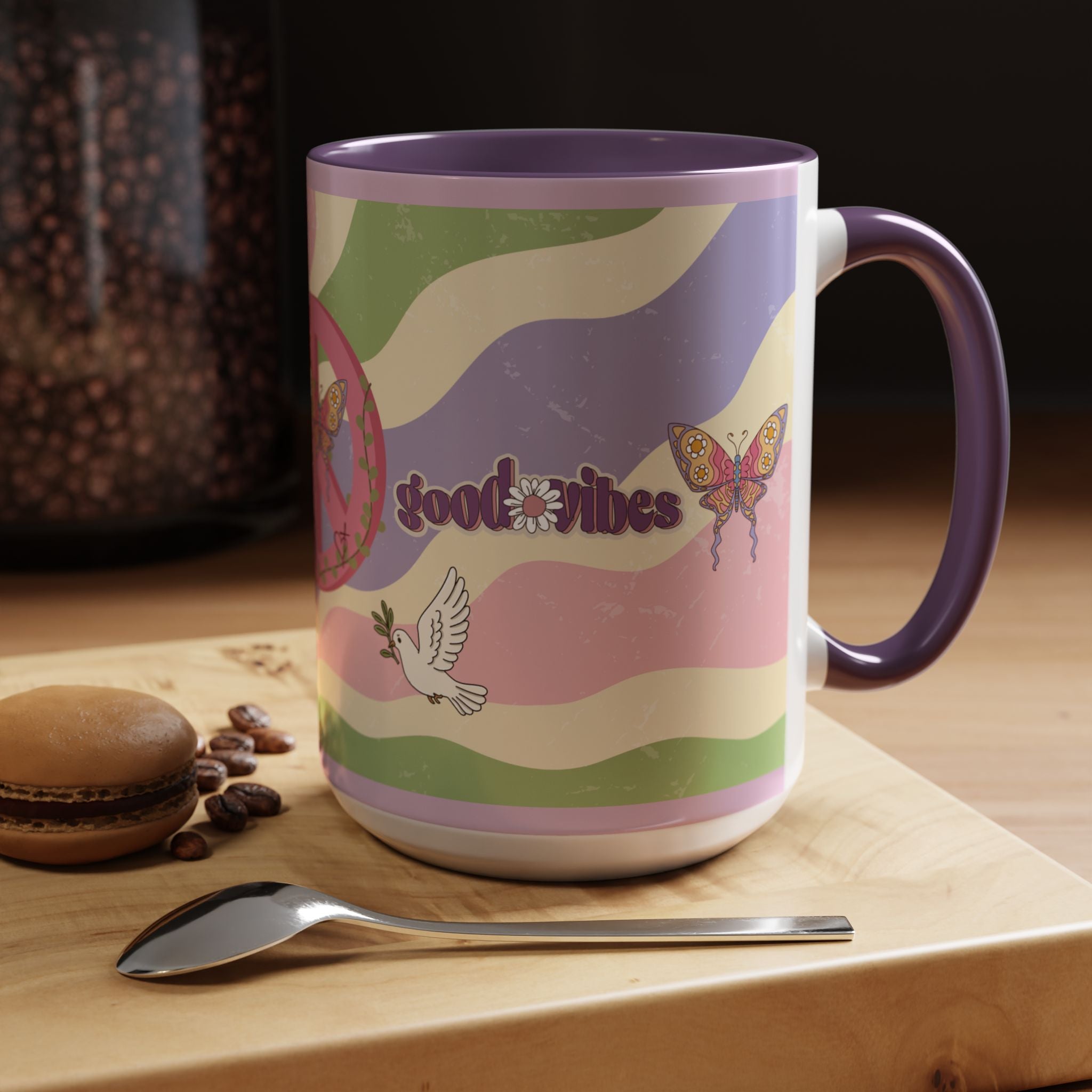Peace & Love Good Vibes Ceramic Mug — Boho Butterfly & Dove Design (11, 15oz)