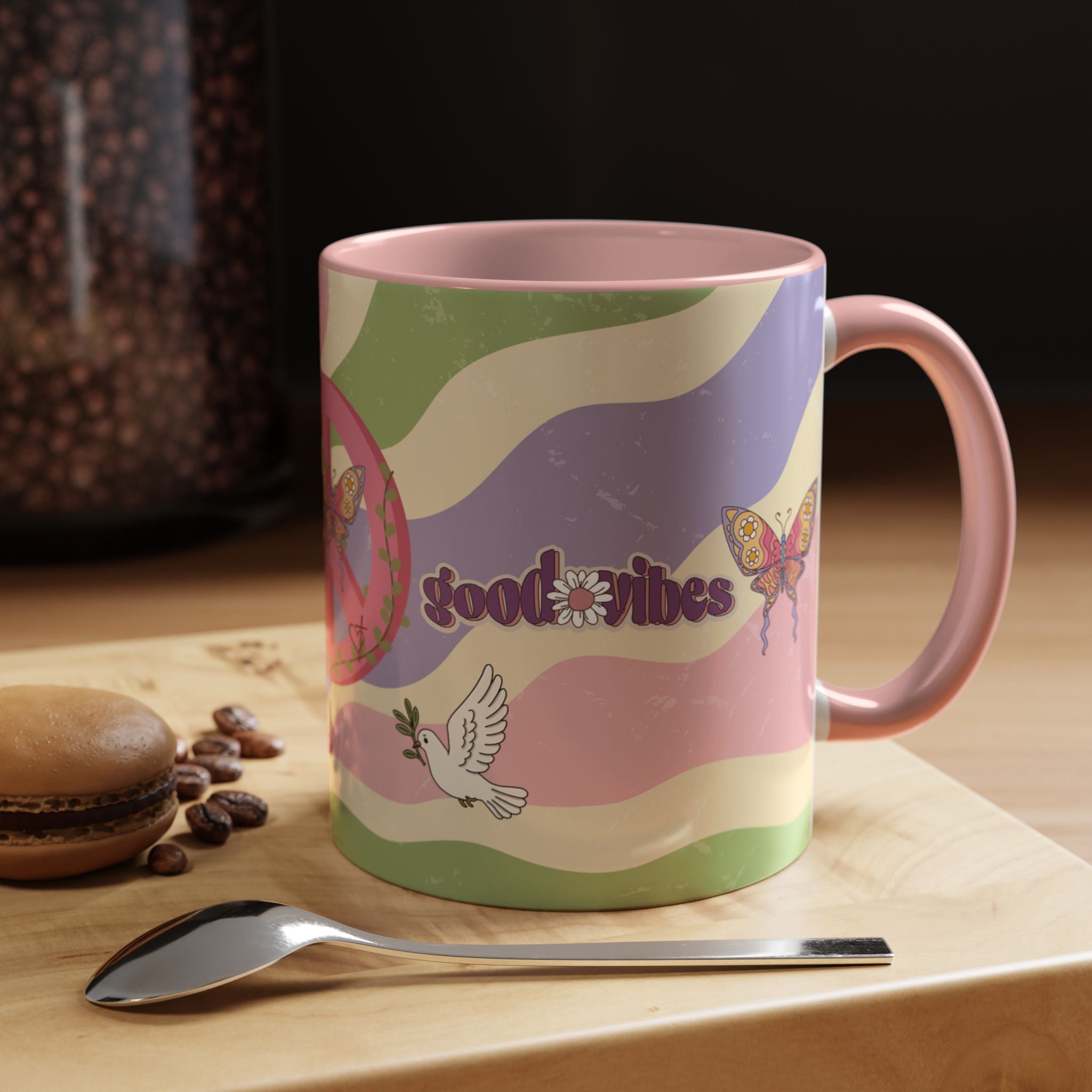 Peace & Love Good Vibes Ceramic Mug — Boho Butterfly & Dove Design (11, 15oz)