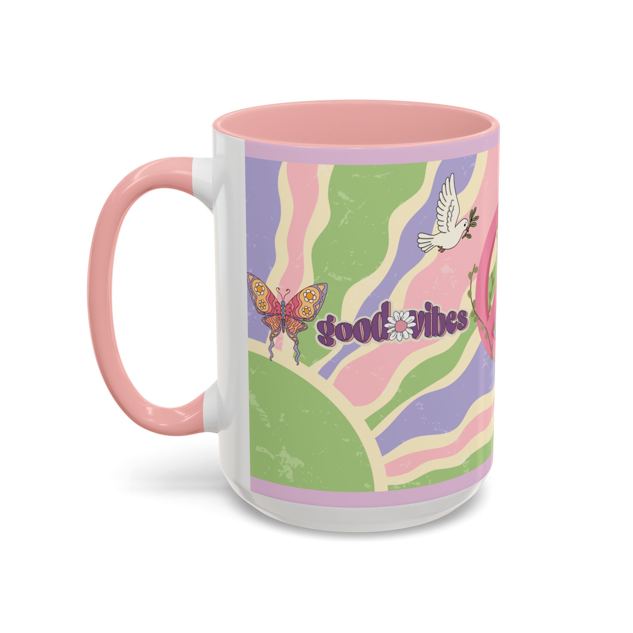 Peace & Love Good Vibes Ceramic Mug — Boho Butterfly & Dove Design (11, 15oz)