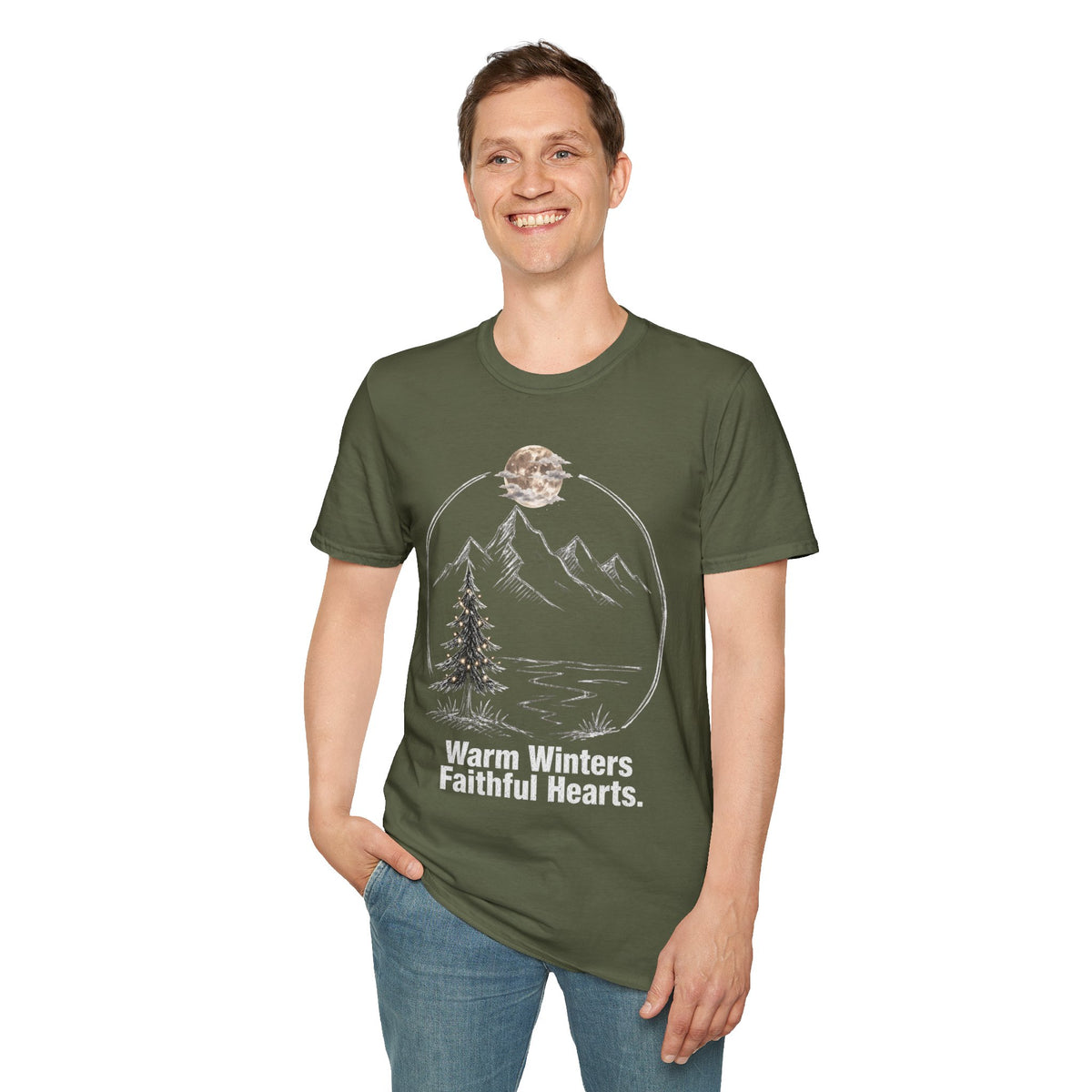 Warm Winters, Faithful Hearts Men's Christmas T-Shirt