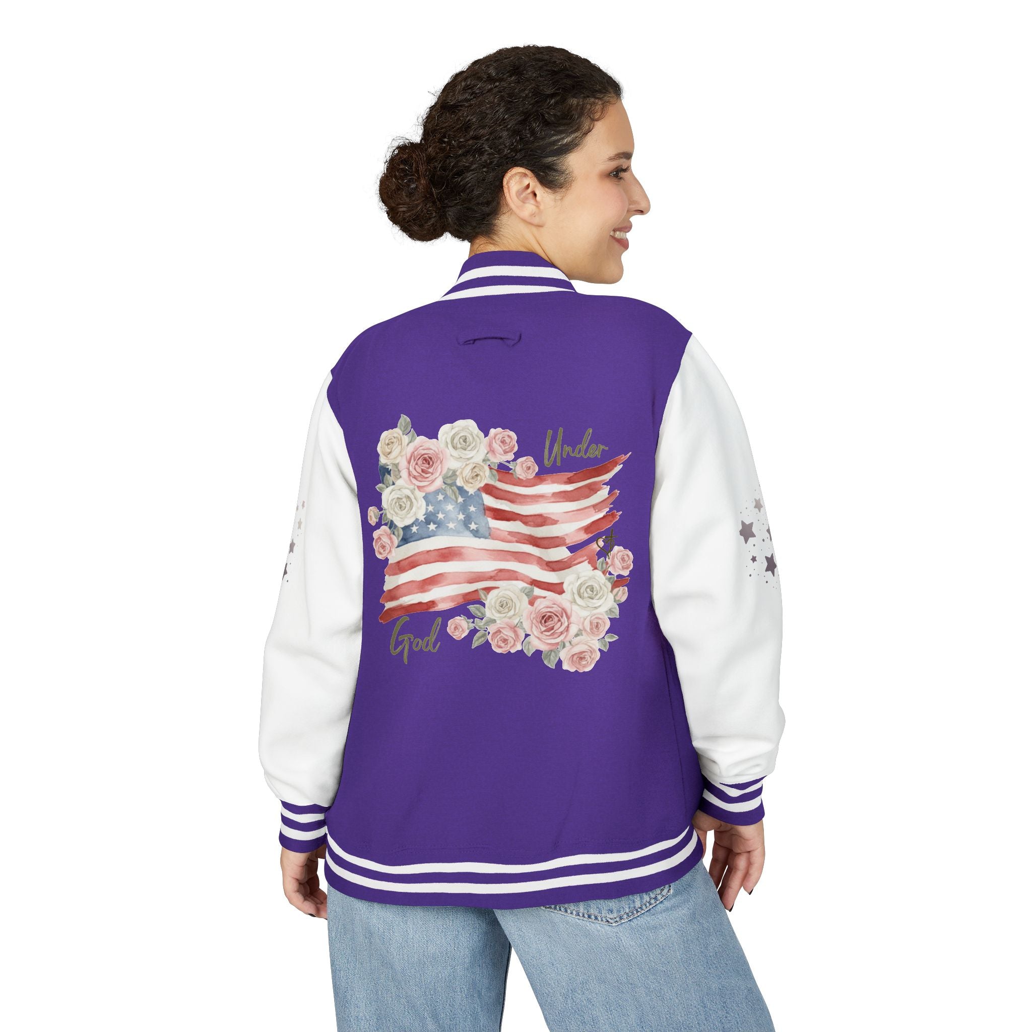Under God | Watercolor Flag & Roses Varsity Jacket Adult Female