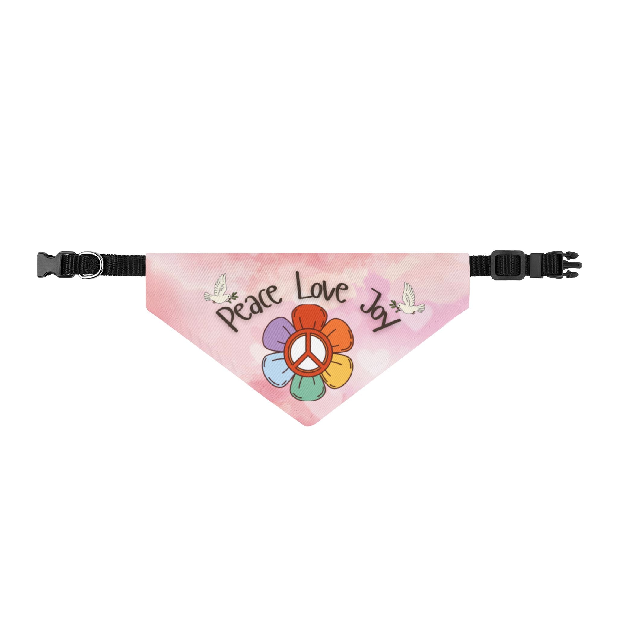 Peace Love Joy Pink Clip-On Pet Bandana — Tie-Dye Flower & Peace Sign Pink Collar Accessory