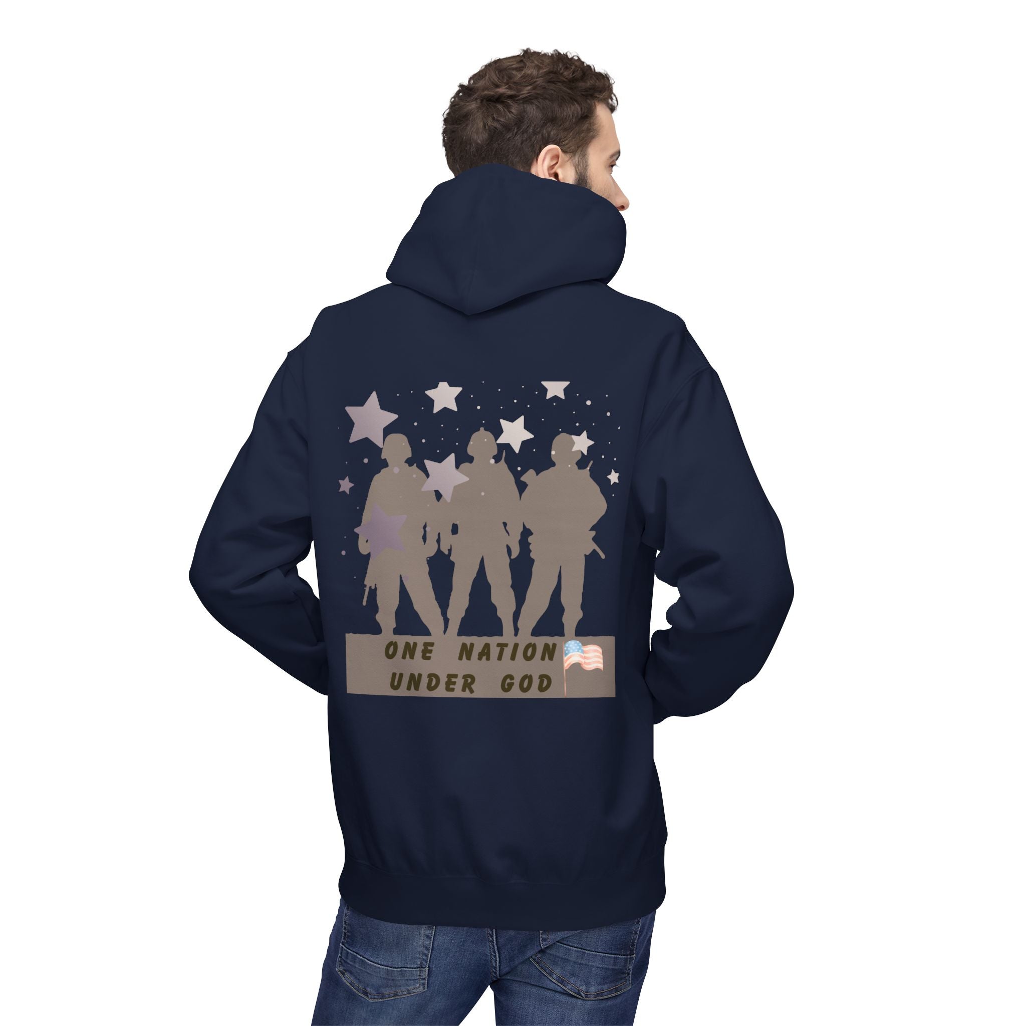One Nation Under God | Patriotic Soldiers Zipped Hoodie: Men's Midweight Softstyle Fleece Hoodie