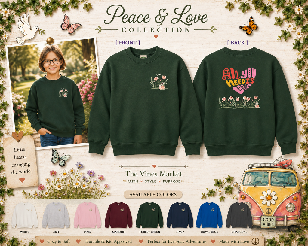 Peace & Love | Girls’ Retro “All You Need Is Love” Crewneck Sweatshirt