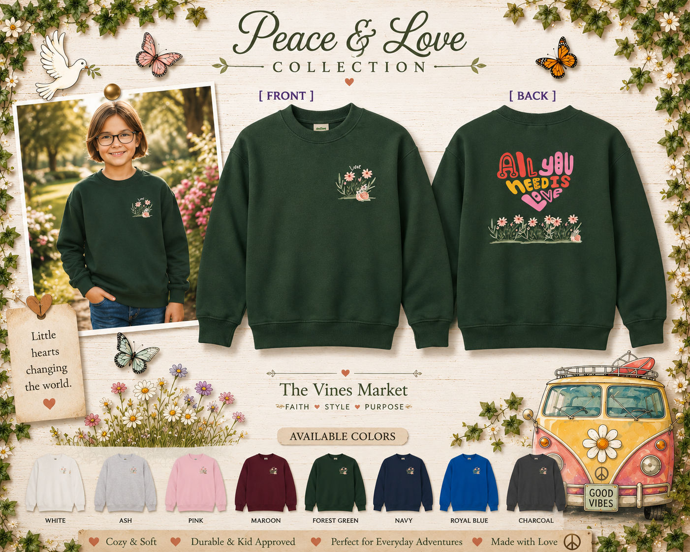 Peace and Love for Kids:  Girls Crewneck Sweatshirt:  All You Need is Love