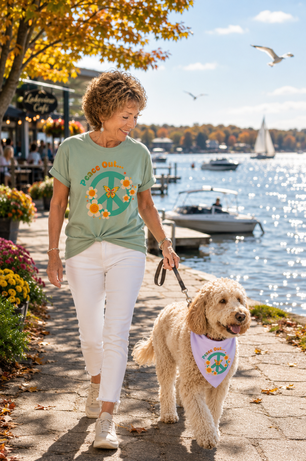 Peace and Love Retro Floral Peace Sign Tee with ‘Peace Out…’ for Her