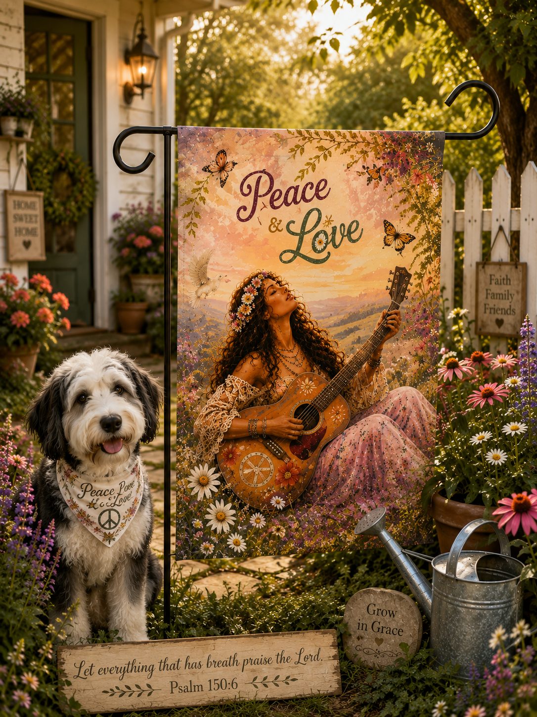 Peace & Love Boho Garden Banner — Faith-Inspired Floral Garden Flag