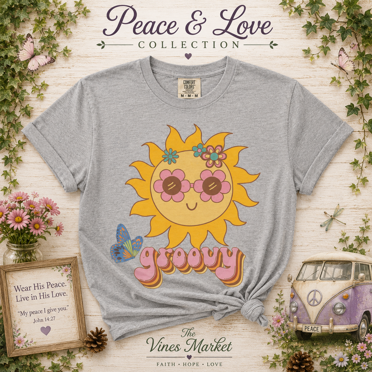 Peace and Love Groovy Sun Kids Tee — Retro 70s Graphic T-Shirt for Boys & Girls