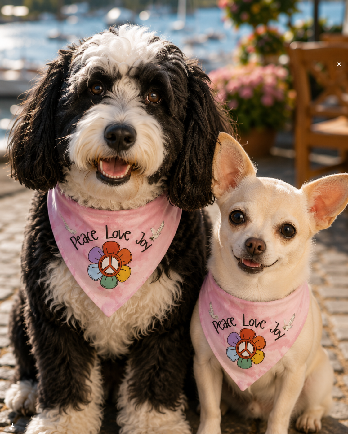 Peace Love Joy Pink Clip-On Pet Bandana — Tie-Dye Flower & Peace Sign Pink Collar Accessory