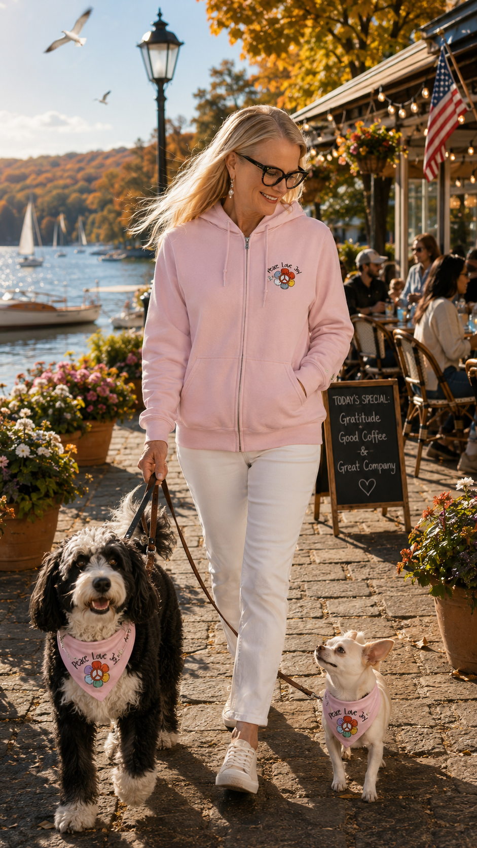 Peace and Love Embroidered Zippered Hoodie -- For Her