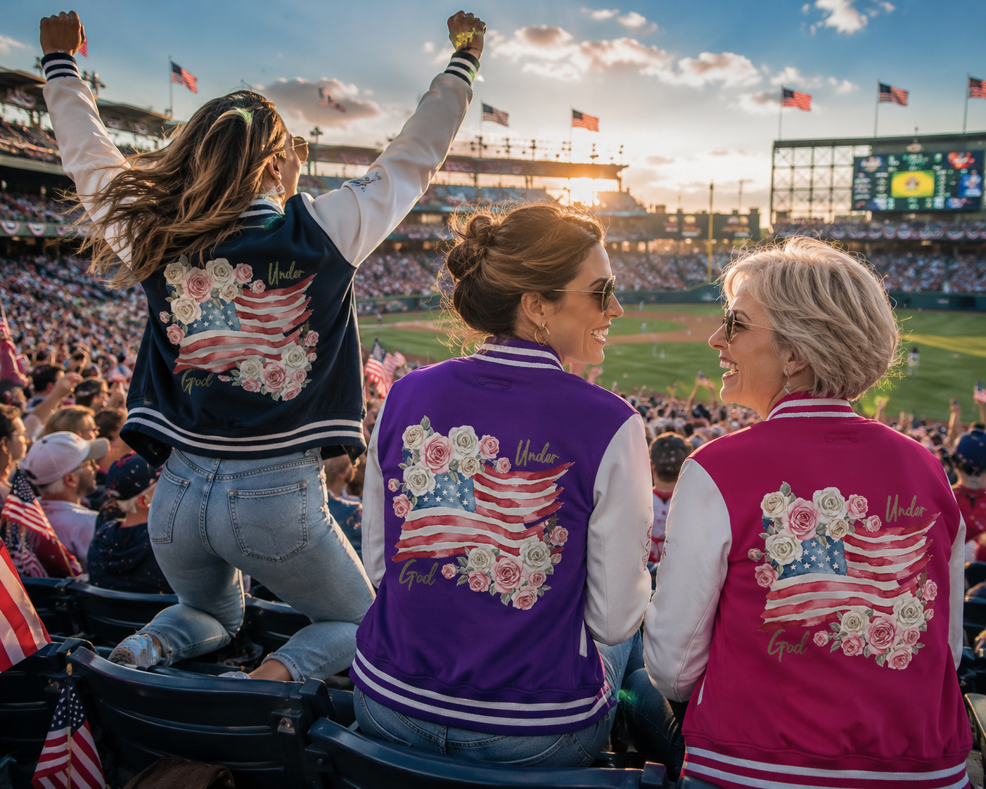 Under God | Watercolor Flag & Roses Varsity Jacket Adult Female