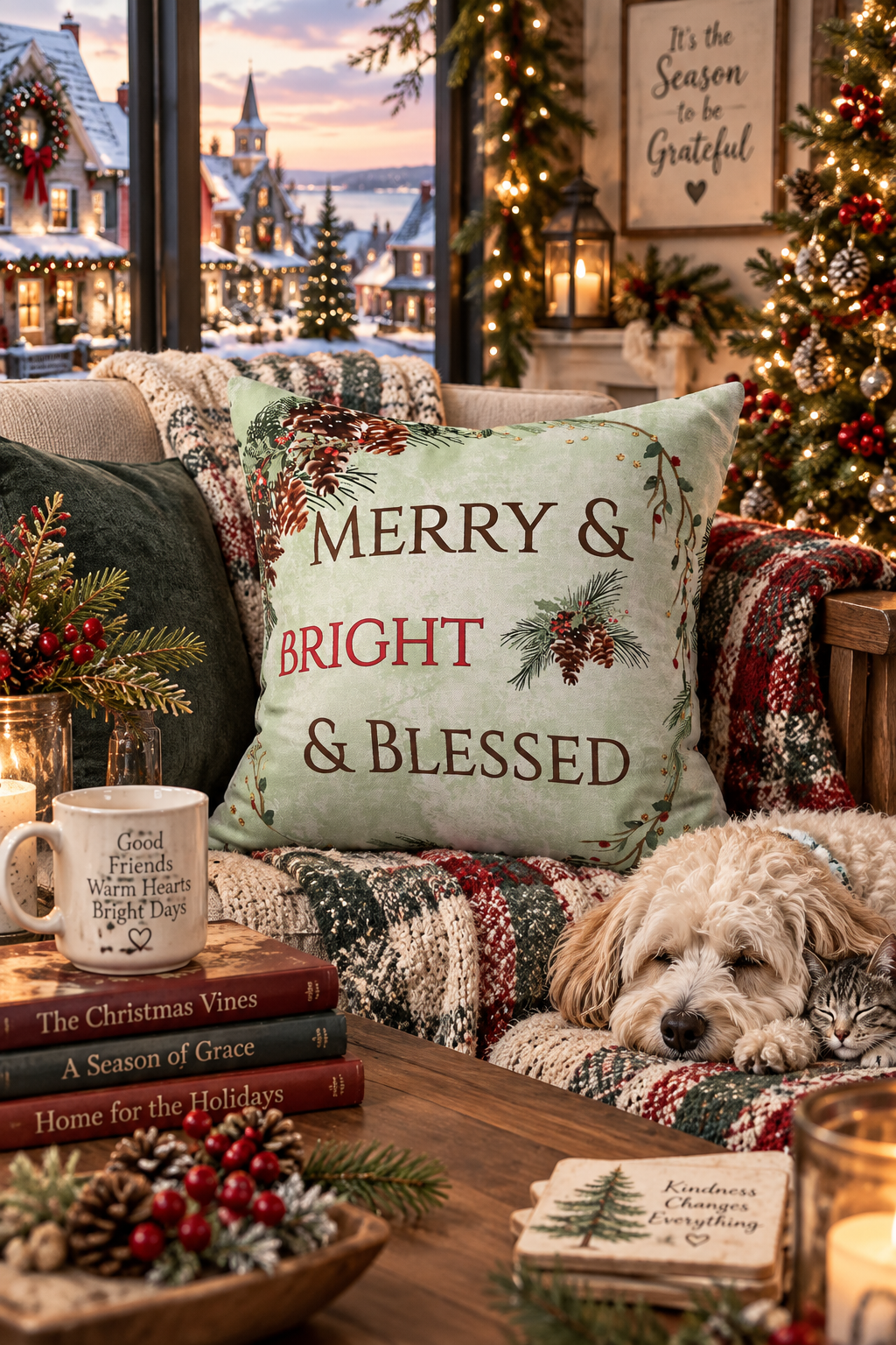 Merry & Bright & Blessed | Christmas Throw Pillow Cover