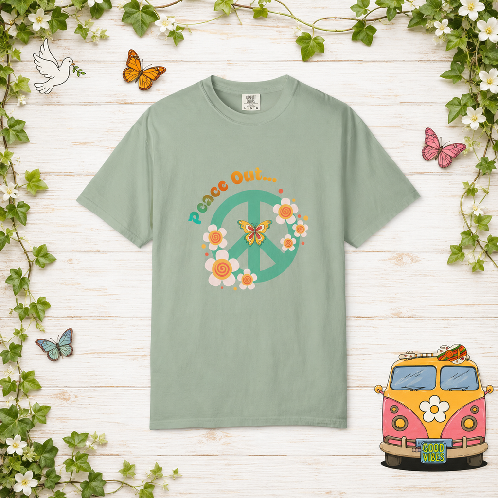 Peace and Love Retro Floral Peace Sign Tee with ‘Peace Out…’ for Her