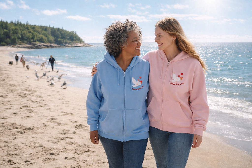 Adult Female Embroidered Zippered Hoodie:  Peace and Love