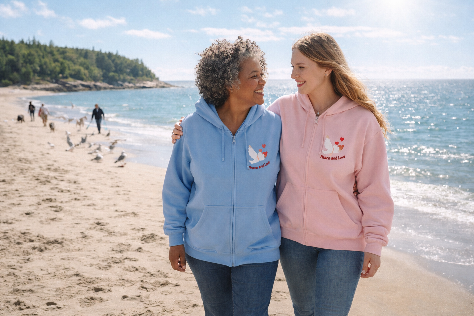 Adult Female Embroidered Zippered Hoodie:  Peace and Love