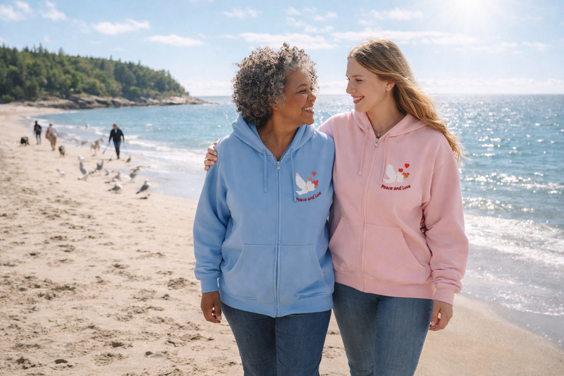 Adult Female Embroidered Zippered Hoodie:  Peace and Love