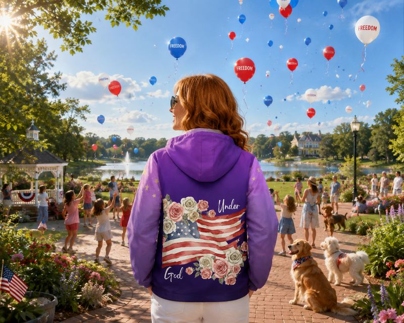 Under God | Watercolor Roses & Flag Windbreaker Jacket - Purple Adult Female