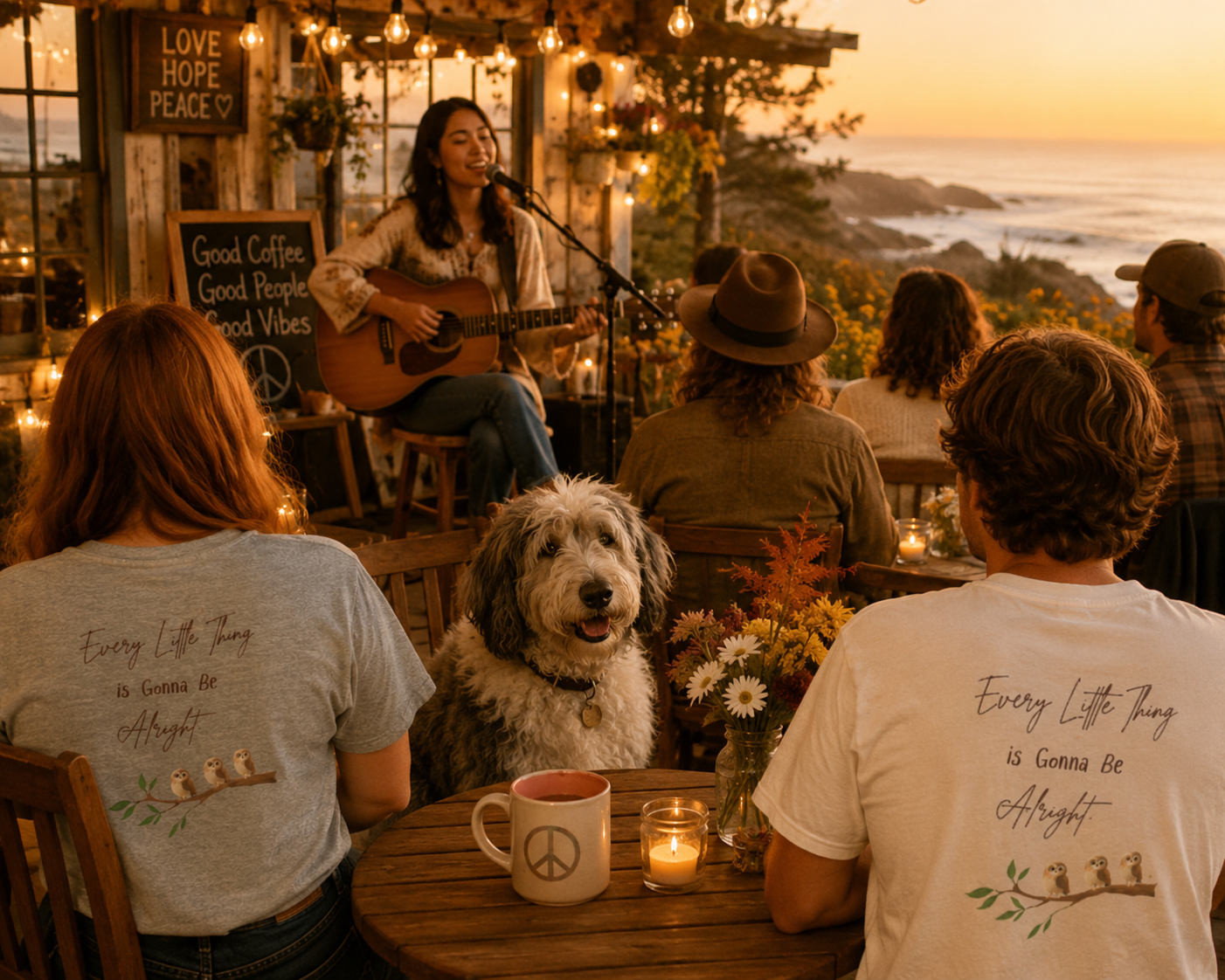 Peace and Love Comfort Tee "Every Little Thing Is Gonna Be Alright' 70's Retro -- For Her