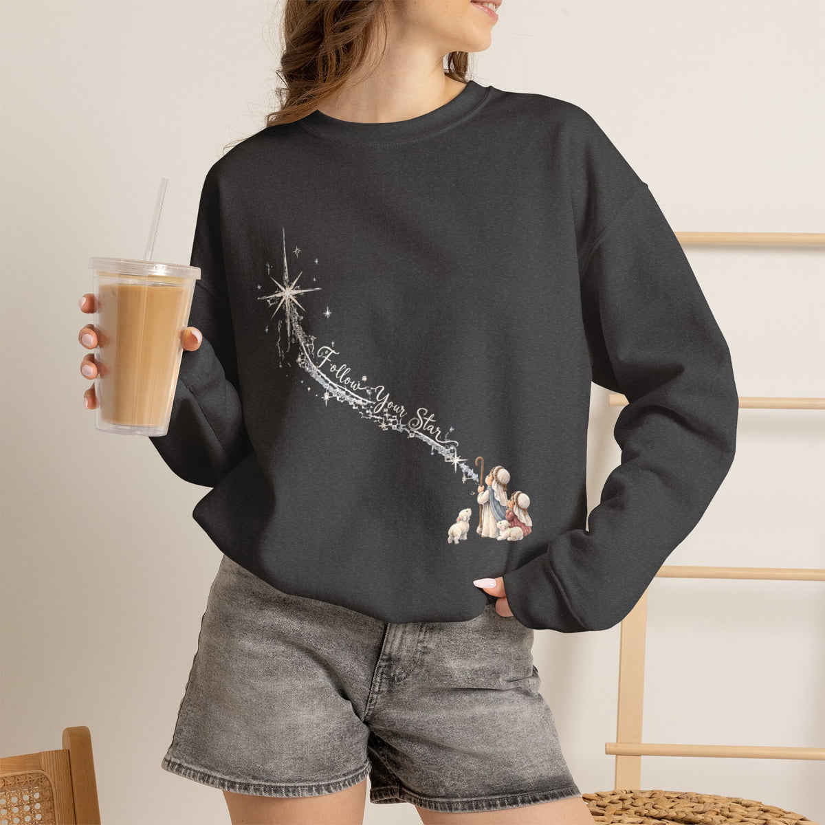 Follow Your Star Christmas crewneck sweatshirt in dark heather with nativity shooting star design