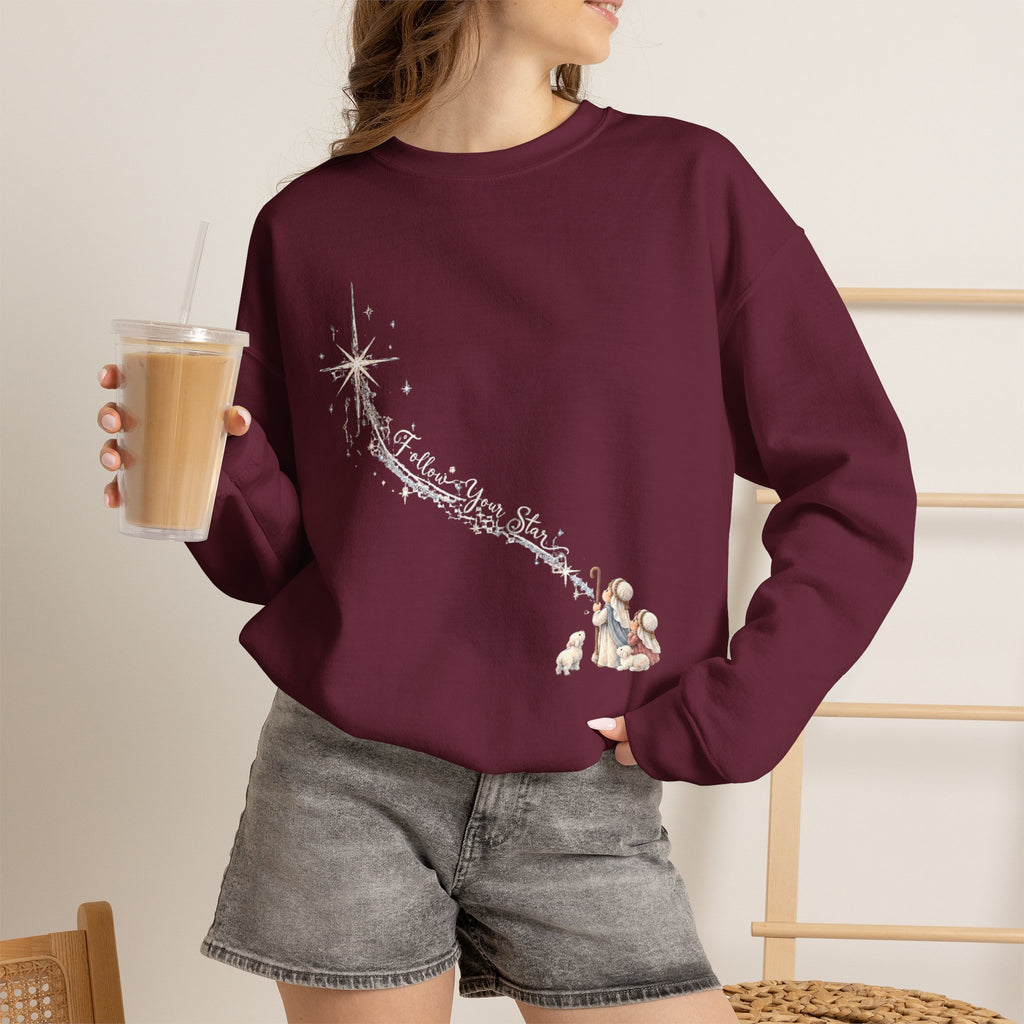 Follow Your Star Christmas crewneck sweatshirt in maroon with nativity shooting star design